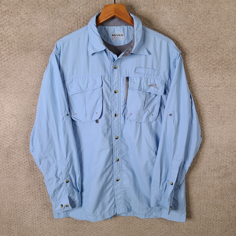 Natural Gear Shirt Mens Large Blue Button Down Fishing Nylon Long Sleeve Casual